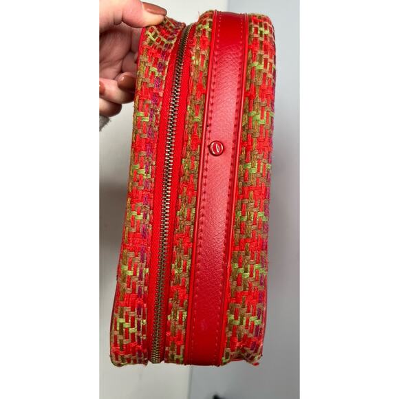 Vintage Suitcase Plaid Made in Japan Red Vinyl Pockets Zipper Retro Travel - Picture 4 of 16